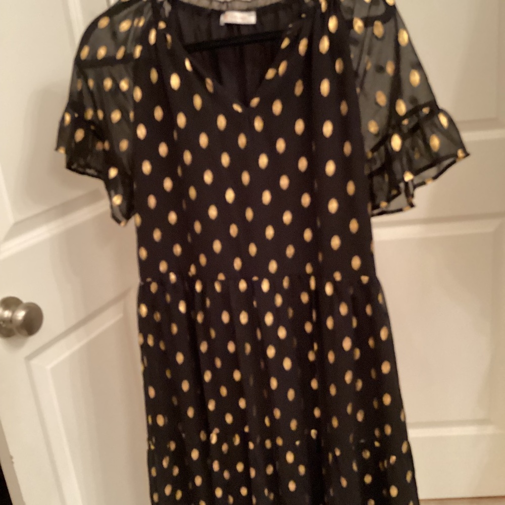 Kirundo Wonens Long sleeved V Neck Polka Dot Gold Swing Dress Size Large